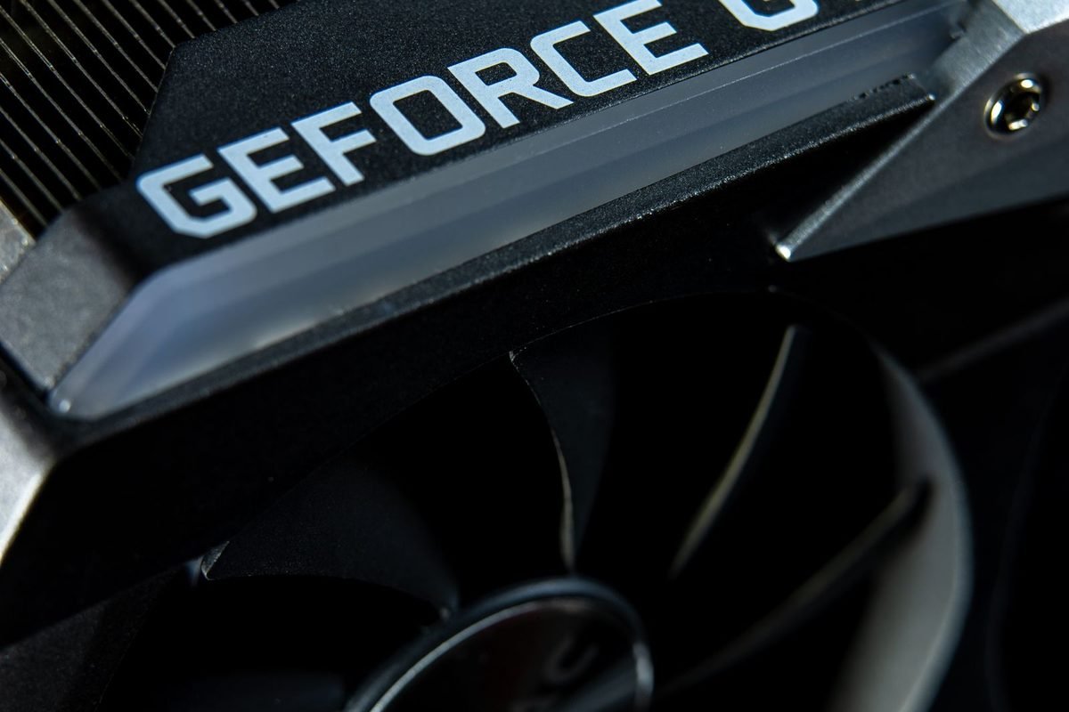 Close-up of a GeForce GTX graphics card shroud and fan