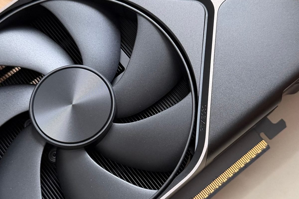 Close-up of a graphics card cooling fan and shroud