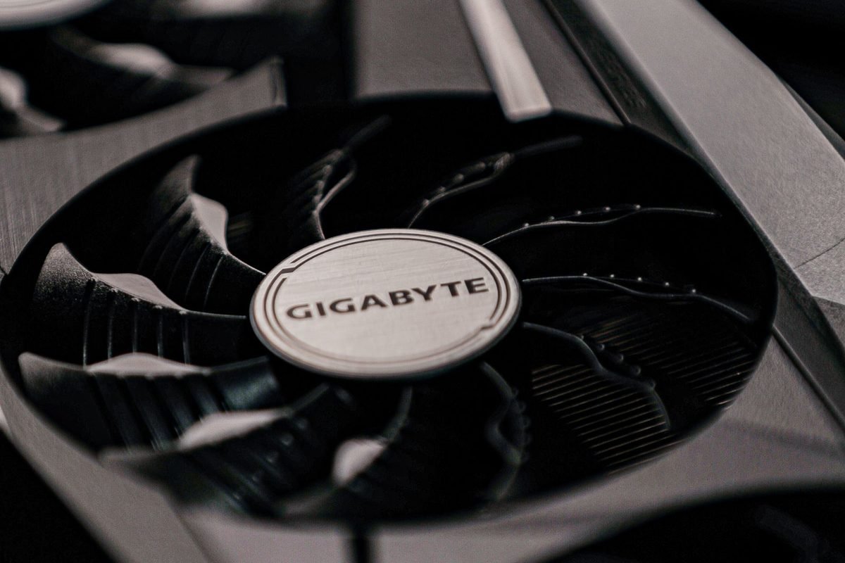 Close-up of a Gigabyte graphics card with dual fans