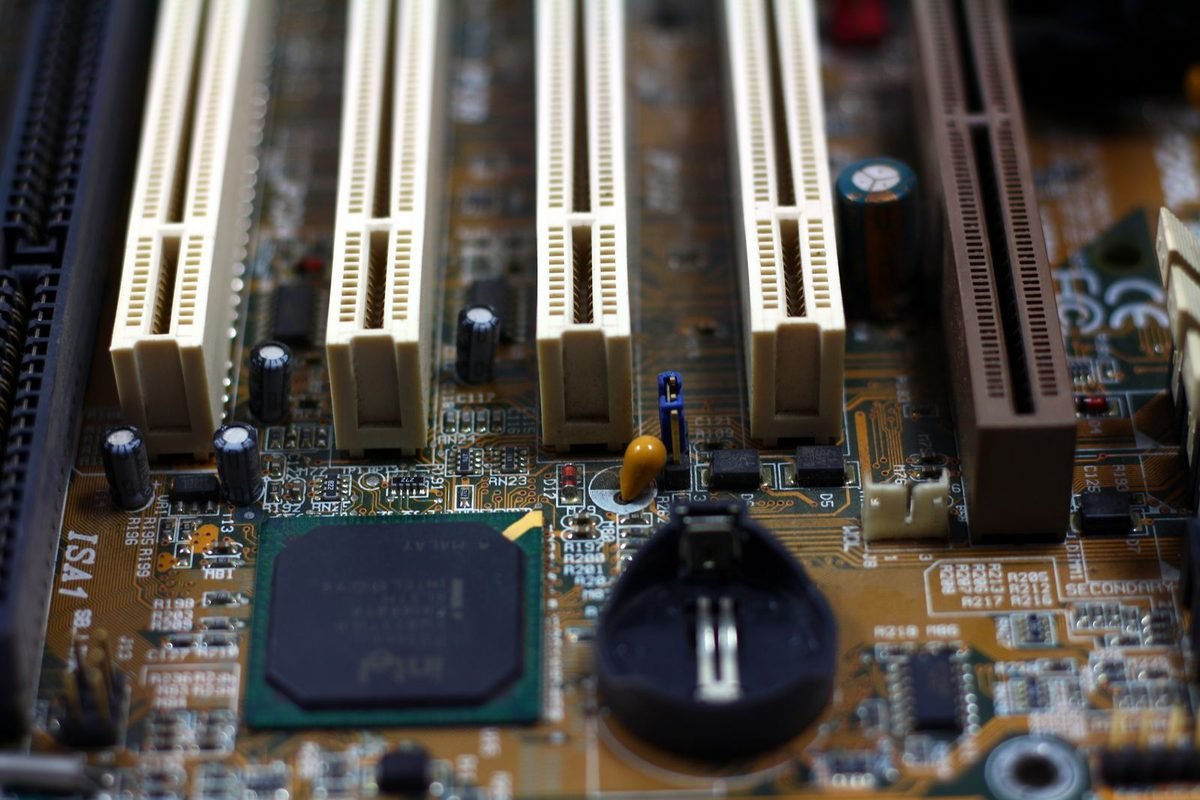 Motherboard expansion slots and chips in close-up