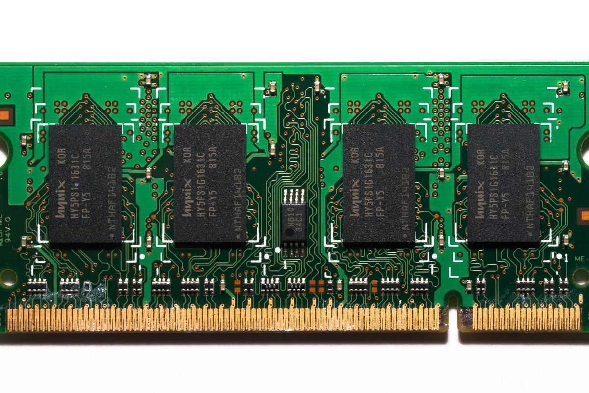 Green computer memory module with black chips on a white background