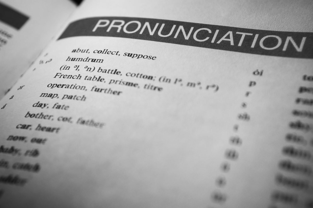 Close-up of a dictionary page of pronunciation guides in black and white