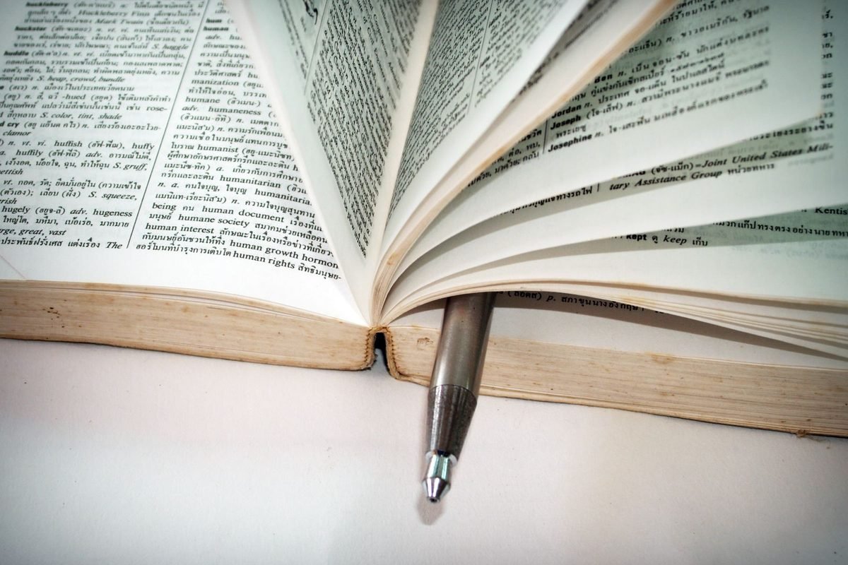 Open dictionary with a pen between the pages