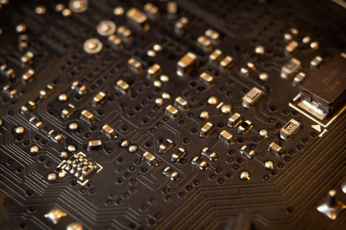 Close-up of a circuit board with gold-coloured components