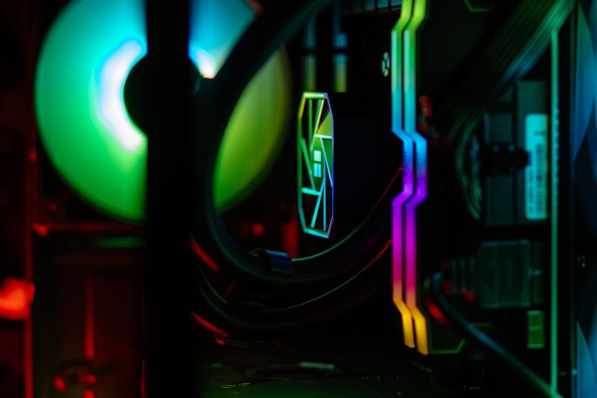 Custom gaming PC interior with RGB lighting and cooling fans
