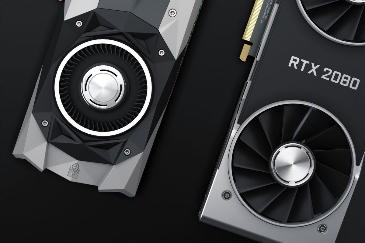 Two NVIDIA RTX 2080 graphics cards side by side on a black background