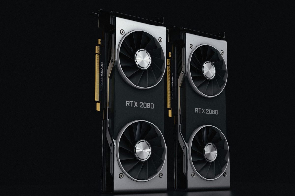 Two NVIDIA RTX 2080 graphics cards standing upright against a dark background
